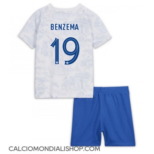 Maglie da calcio Francia Karim Benzema #19 Seconda Maglia Bambino Mondiali 2022 Manica Corta (+ Pantaloni corti)